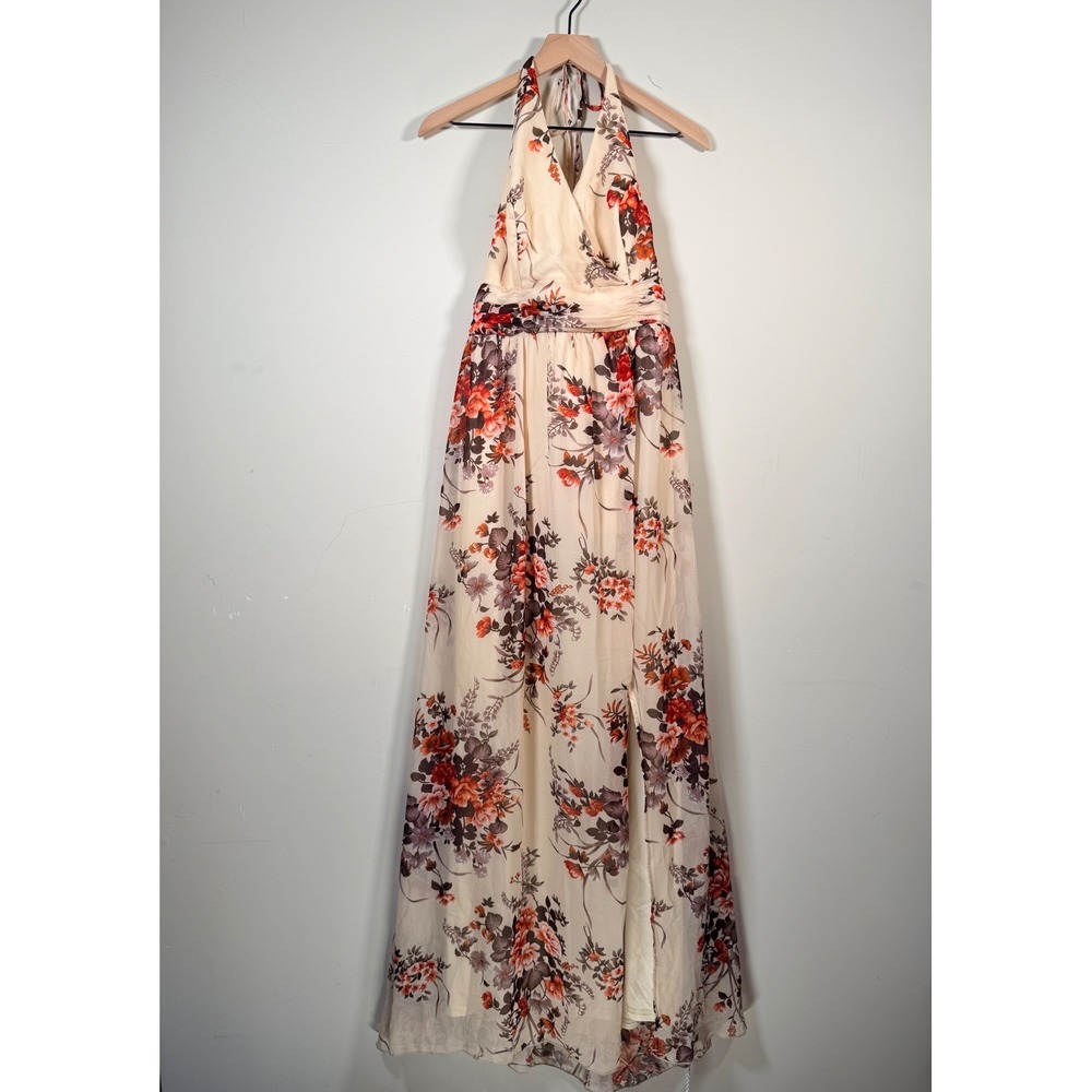 Womens Floral Halter Maxi Dress Cream Orange XL Surplice V-Neck Side Slit